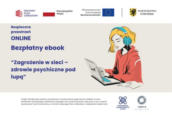 Ebook - Zagrożenia w sieci - Zdrowie psychiczne pod lupą. Grafika rysunkowa. Dziewczyna przed laptopem w czerwonej bluzie i słuchawkami na uszach.